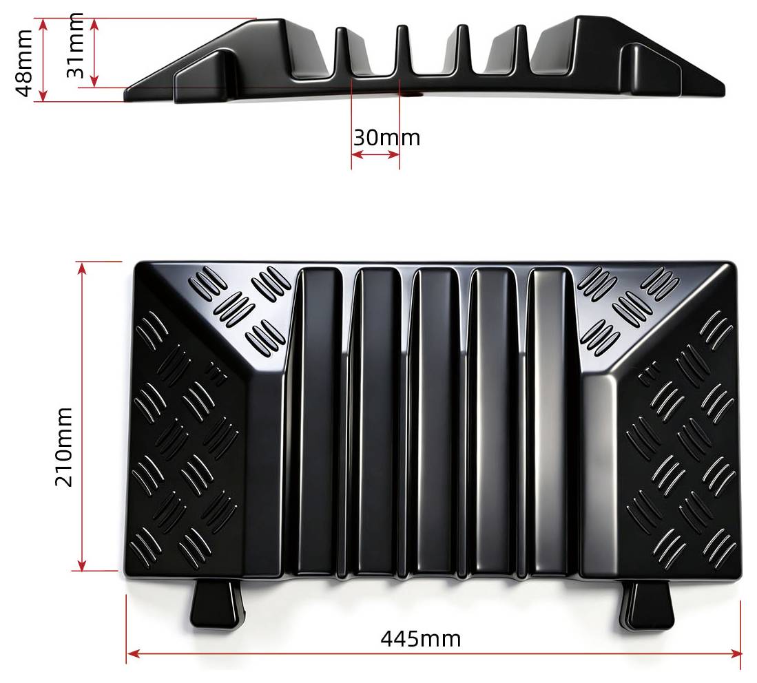 Czarny panel wentylacyjny pokazany w widoku bocznym i czołowym z wymiarami 445mm szerokości, 210mm wysokości, 48mm głębokości i 30mm odstępu.