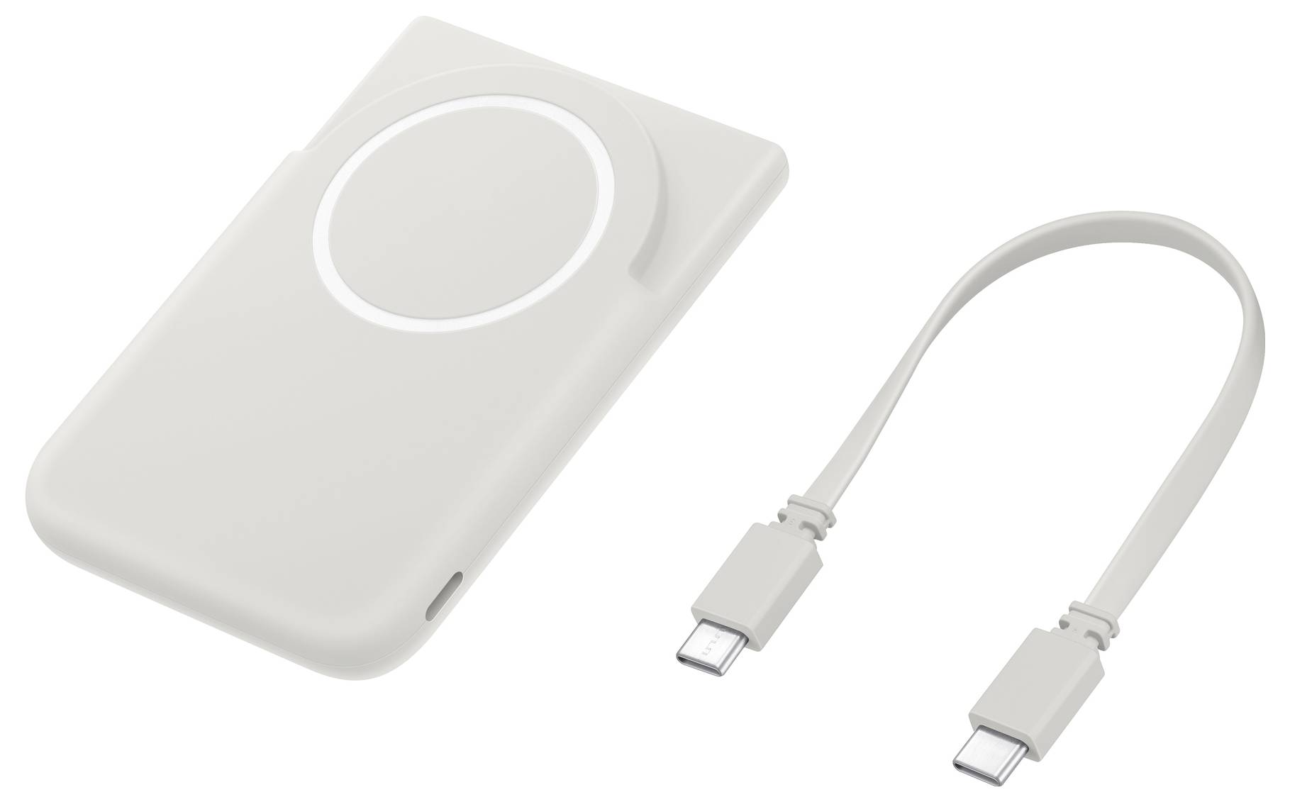 Prostokątna ładowarka bezprzewodowa z okrągłym obszarem ładowania obok krótkiego kabla USB-C, oba w kolorze białym.
