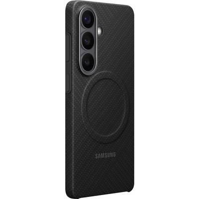 Smukłe, czarne etui na smartfona o teksturowanej powierzchni z widocznym wycięciem na aparat i okrągłym wzorem pośrodku, zaprojektowane dla telefonów Samsung.