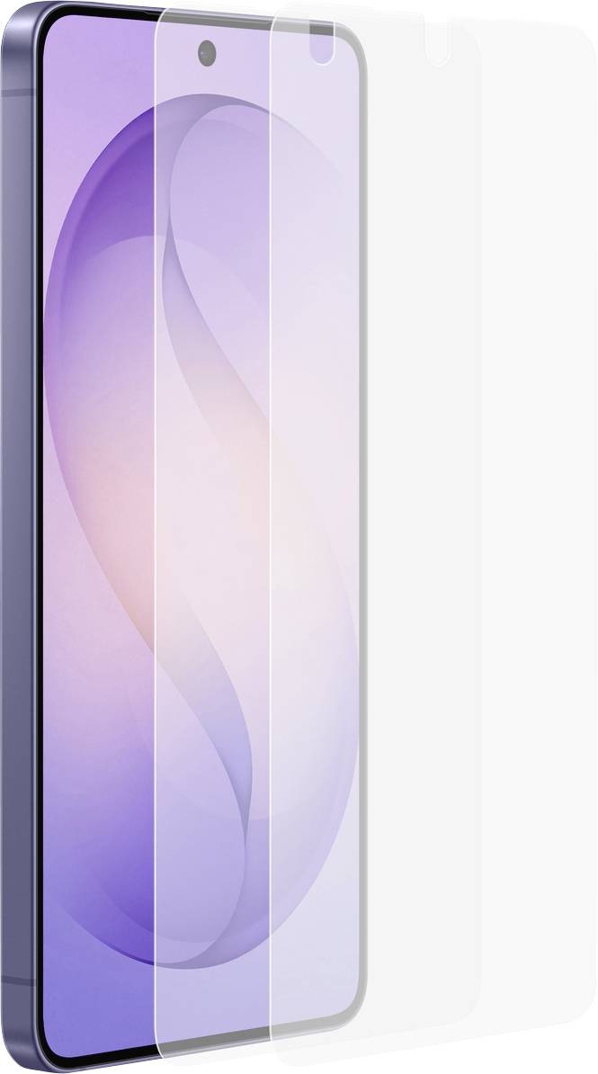 Smartfon z fioletową abstrakcyjną tapetą, częściowo zakryty transparentną folią ochronną nakładaną na ekran.