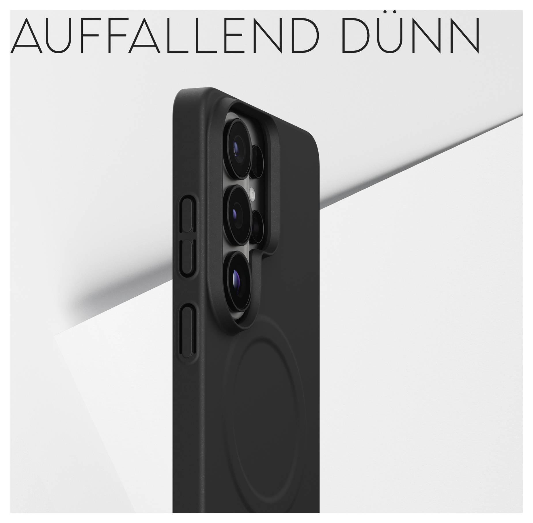 Smukłe, czarne etui do telefonu z precyzyjnymi wycięciami dla przycisków i soczewek aparatu na minimalnym tle. Tekst niemiecki głosi "AUFFALLEND DÜNN".