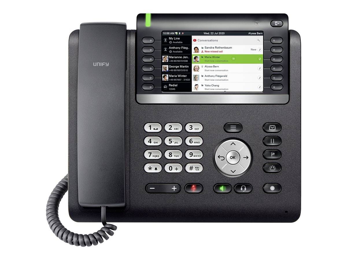 Czarna biurowa telefon z cyfrowym wyświetlaczem pokazującym listę kontaktów, przyciskami do wybierania numeru i podkładką nawigacyjną, zaprojektowana do użytku na biurku.