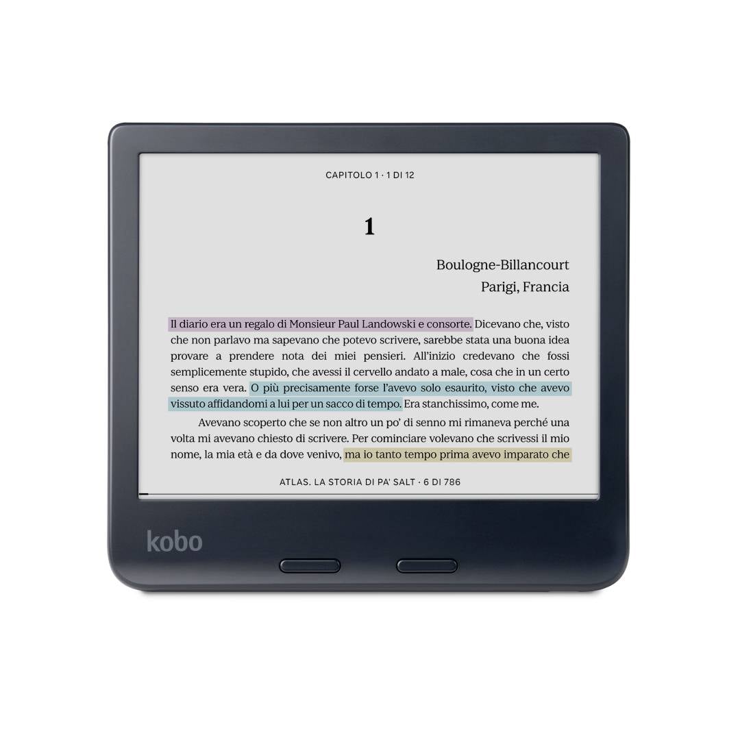 Czytnik e-booków wyświetlający stronę tekstu w języku włoskim zatytułowaną „Capitolo 1". Wyróżniony tekst wspomina dar od Pana Paula Landowskiego.