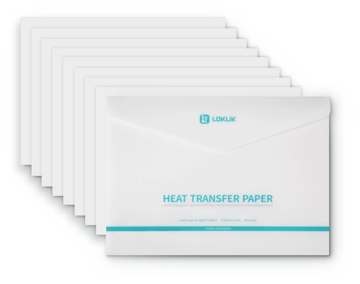 Stos białych kopert lub opakowań papieru oznaczonych „PAPIER DO TRANSFERU CIEPŁA" z logiem Loklik na przodzie