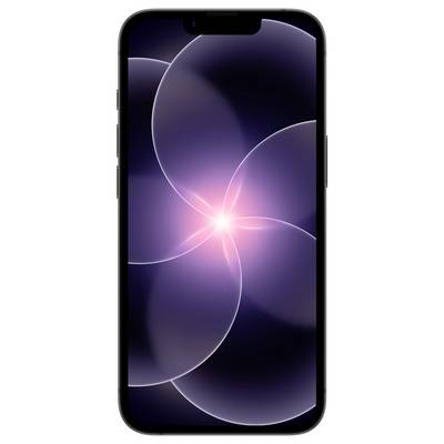 Smartfon wyświetlający abstrakcyjny wzór świetlny w odcieniach fioletu i różu na ekranie, umieszczony na ciemnym tle.