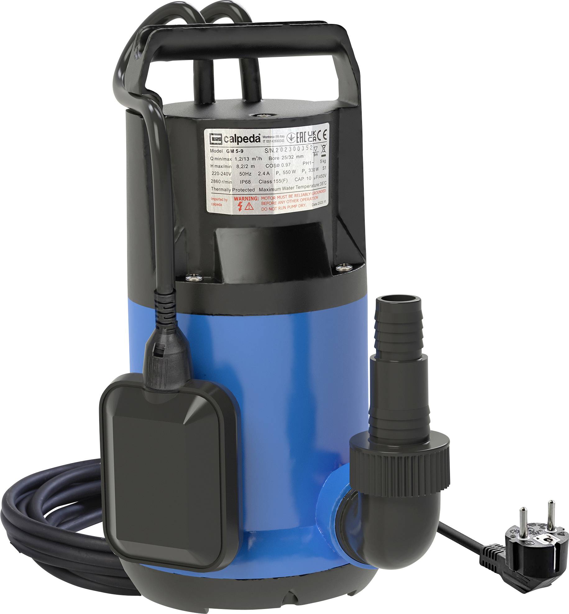 Niebieska i czarna pompa wodna zatapialna z czarnym przewodem zasilającym i wtyczką, przeznaczona do odwadniania wody w warunkach mieszkaniowych.