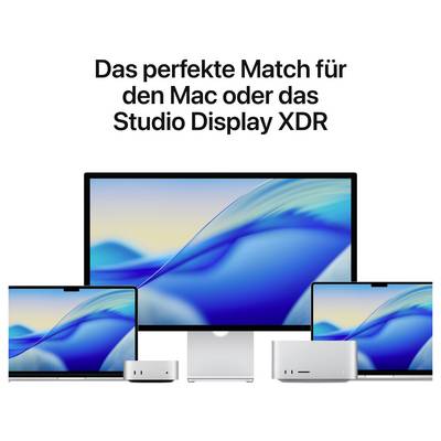 'Idealne dopasowanie dla Maca lub wyświetlacza Studio Display XDR' pokazuje dwa laptopy i duży ekran na niebieskim tle.