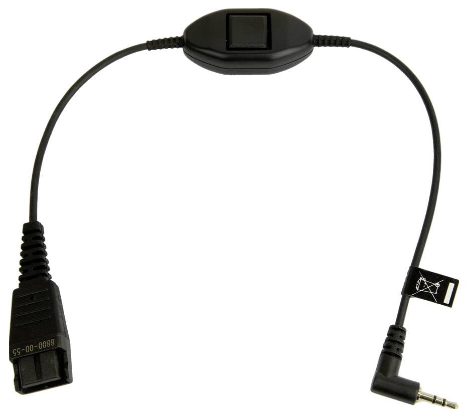 Czarny zwojony kabel z przyciskiem regulacji głośności łączy telefon i zestaw słuchawkowy, wykazując kompatybilność urządzeń audio.