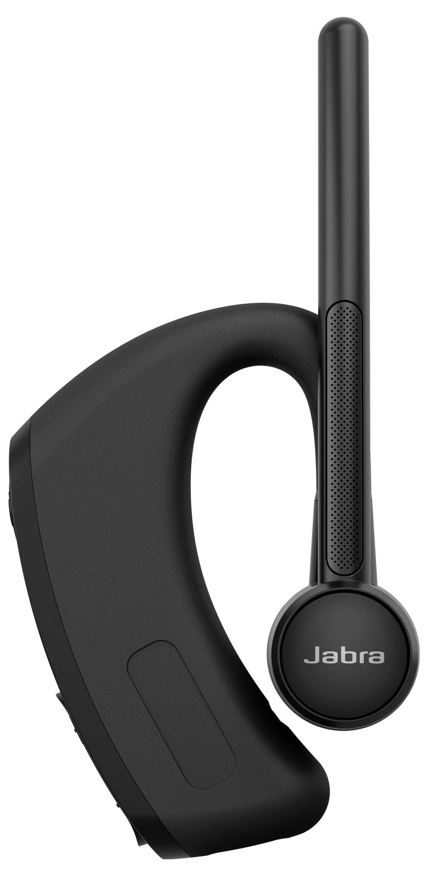 Czarne bezprzewodowe słuchawki Bluetooth marki Jabra z długim mikrofonem wysięgnikowym zaprojektowanym do komunikacji bez użycia rąk, widok z boku.
