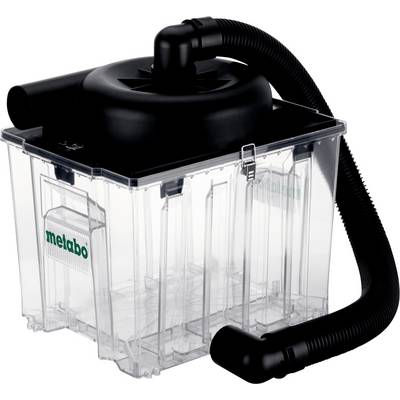 Przezroczysty plastikowy pojemnik do zbierania kurzu z czarną pokrywą i przyłączem do węża, z widoczną na boku nazwą marki „Metabo".