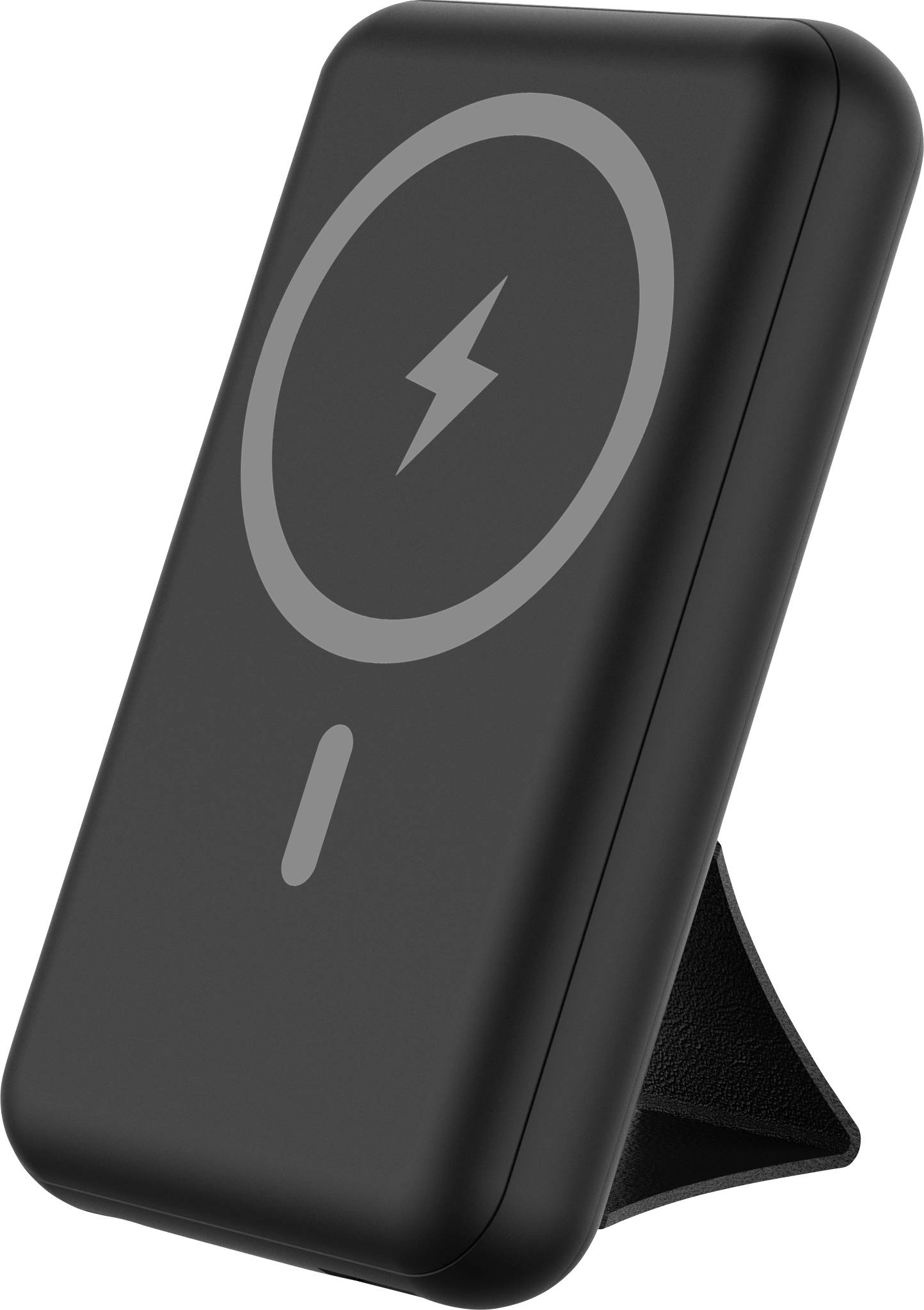 Czarna przenośna bezprzewodowa bateria do ładowania z symbolem MagSafe i składanym stojakiem, ustawiona pionowo dla łatwego wyrównania urządzenia.