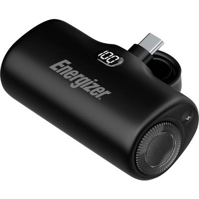 Czarna bateria externe Energizer z wyświetlaczem LED pokazującym '100'. Posiada wbudowany kabel USB-C i kompaktowy design umożliwiający przenośność.
