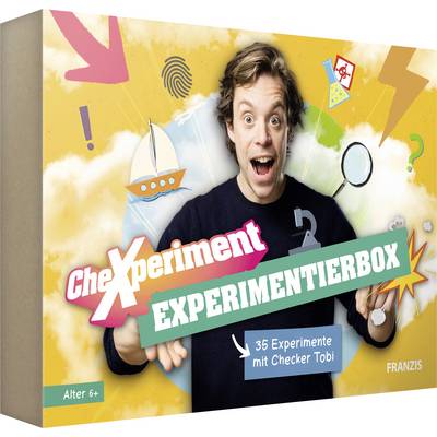 Opakowanie "CheXperiment Experimentierbox" zawiera wizerunek osoby gestykulującej z podekscytowaniem, kolorowe symbole i tekst "35 Experimente mit Checker Tobi". Odpowiednie dla dzieci w wieku 6+.