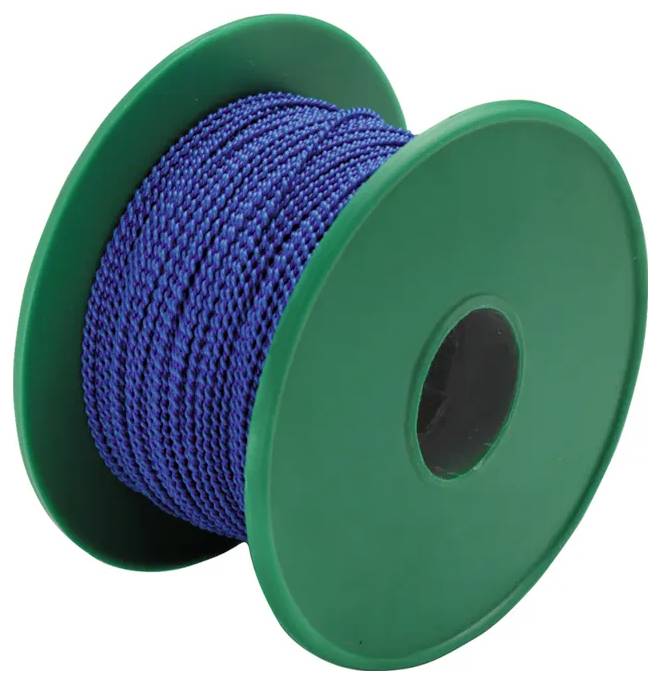 Szpula z zielonymi kołnierzami trzyma niebieską linę splotaną.