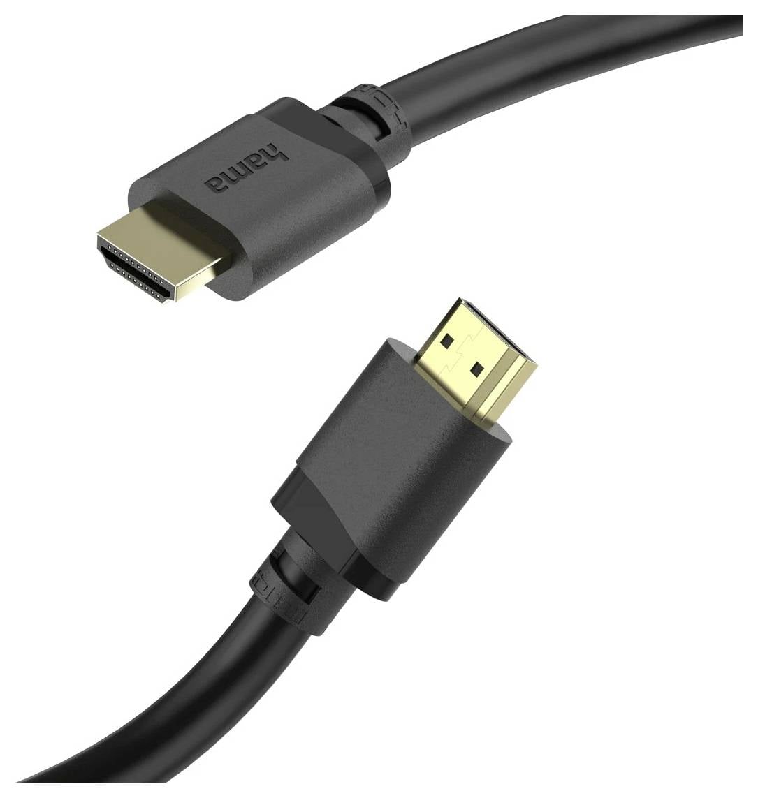 Dwa czarne kable HDMI ze złotymi złączami, jeden oznaczony „Hama", pokazane z różnych kątów na białym tle.