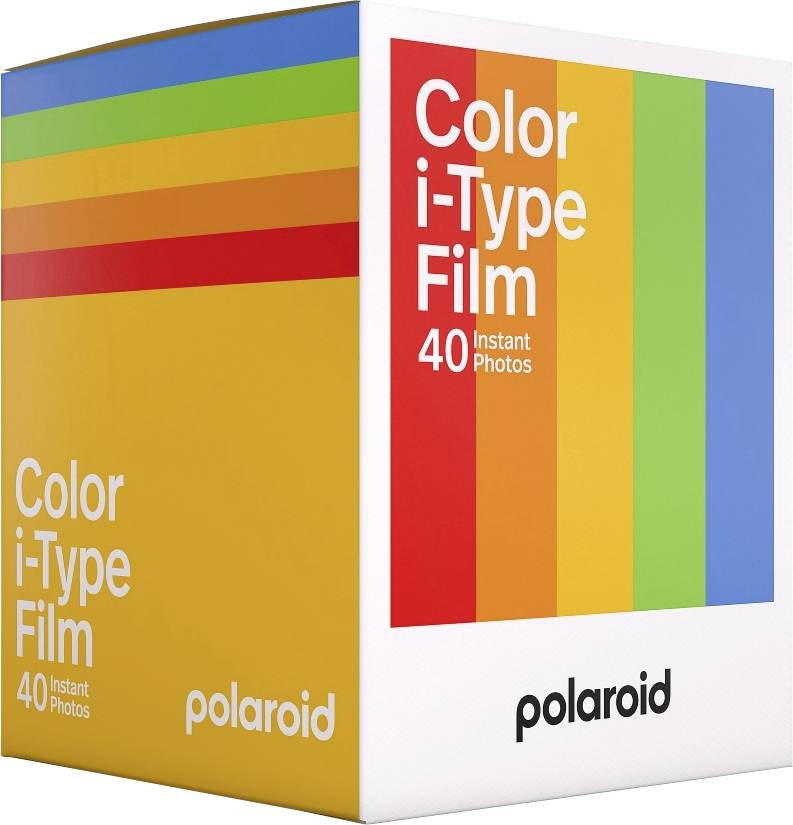 Pudełko filmu Polaroid Color i-Type z jasnymi pionowymi paskami, oznaczone '40 Zdjęć Natychmiastowych'.
