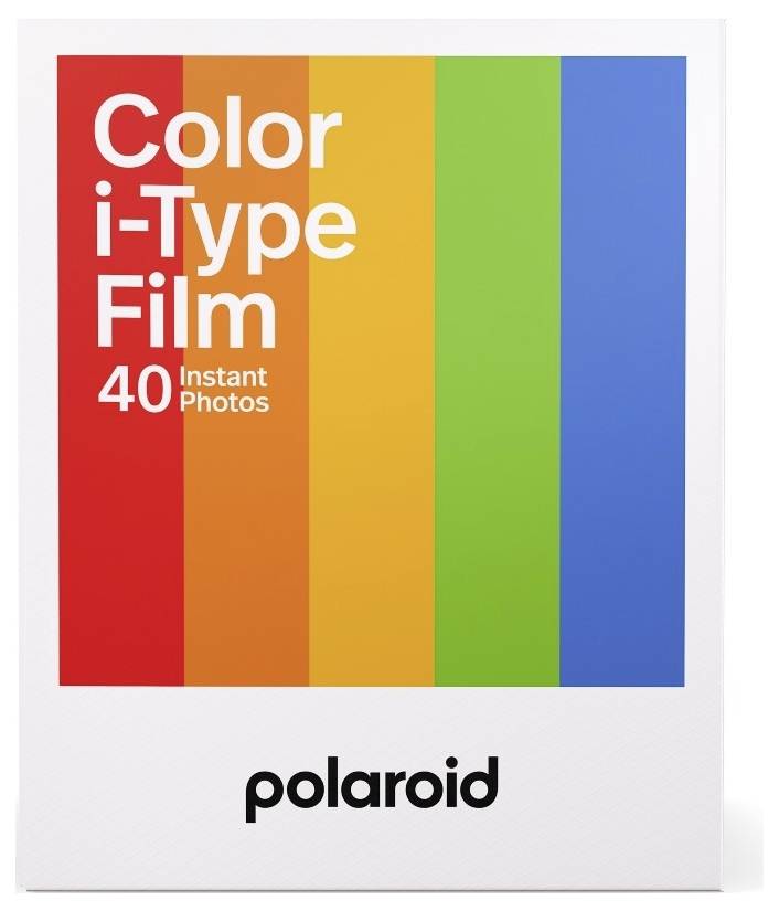 Opakowanie „Polaroid Color i-Type Film, 40 zdjęć natychmiastowych" z pionowymi paskami w kolorach czerwonym, pomarańczowym, zielonym i niebieskim.