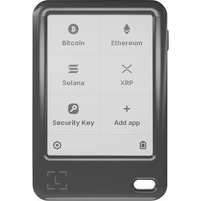 Interfejs cyfrowego portfela wyświetlający opcje kryptowalut: Bitcoin, Ethereum, Solana, XRP, Klucz bezpieczeństwa i funkcję Dodaj aplikację.