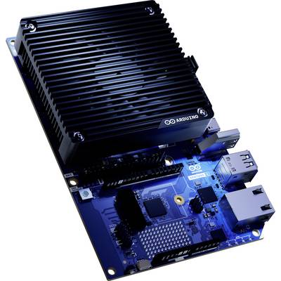 Niebieska płyta rozwojowa Arduino z dużym czarnym radiatorem/osłoną, pokazująca porty USB i Ethernet na białym tle.