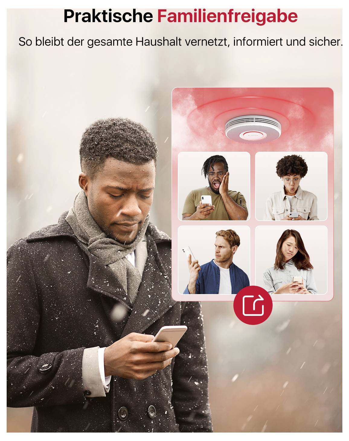 Mężczyzna na zewnątrz trzyma telefon. Powyżej znajdują się cztery zdjęcia profilowe osób z telefonami i czujnik dymu z czerwonym światłem alarmu. Tekst brzmi: "Praktyczne udostępnianie w rodzinie".