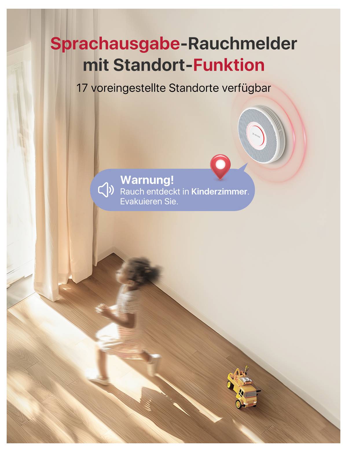 Dziecko biega po pokoju, podczas gdy czujnik dymu ze funkcją głosową na ścianie w pokoju dziecka wykrywa dym i wzywa do ewakuacji.
