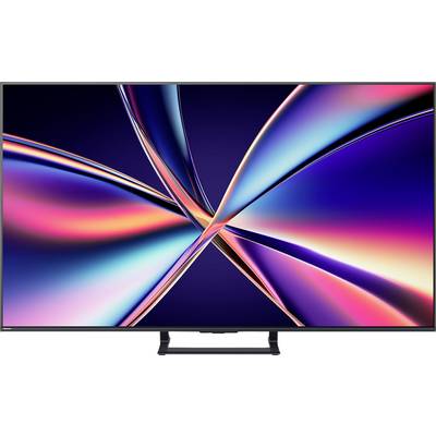 Ekran telewizora wyświetla żywą, abstrakcyjną kompozycję z kolorowymi, przecinającymi się śladami światła na ciemnym tle, tworząc wrażenie ruchu.