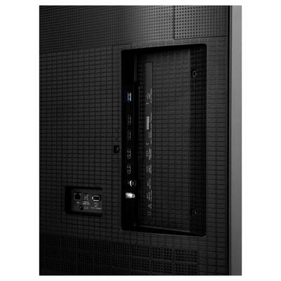 Tył telewizora pokazujący porty wejściowe: USB, HDMI, Ethernet i wyjścia audio, z teksturowanym wzorem siatki na panelu.
