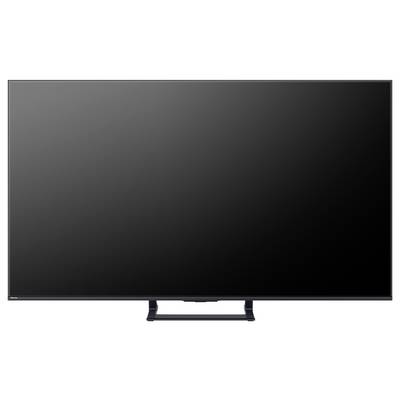 Telewizor z płaskim ekranem o cienkim ramce, wyświetlający pusty czarny ekran, ustawiony na prostym statywie o minimalistycznym designie.