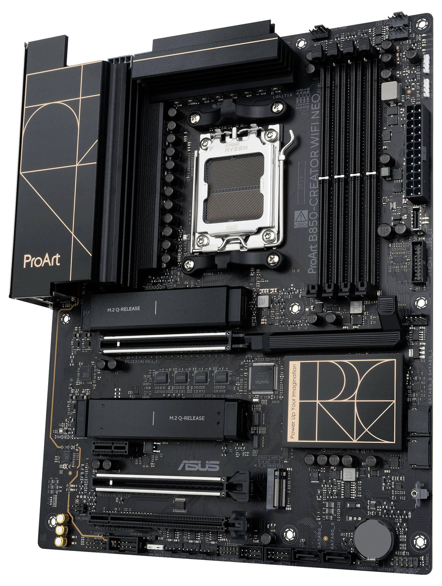 Płyta główna Asus ProArt B650-Creator wyposażona w wiele gniazd pamięci RAM i slotów PCIe, zaprojektowana dla profesjonalistów zajmujących się grafiką i obliczeń o wysokiej wydajności.