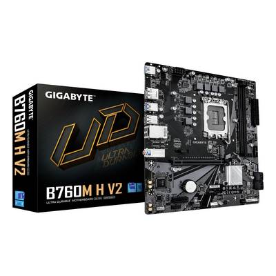 'Płyta główna GIGABYTE B760M H V2 Ultra Durable i jej opakowanie, pokazujące układ płyty i kluczowe komponenty.'