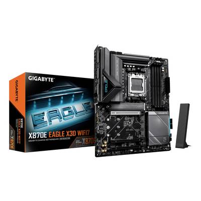 Płyta główna Gigabyte X870E Eagle X3D WiFi7 z opakowaniem podkreślającym zaawansowane funkcje i możliwość WiFi, zaprojektowana do gier.