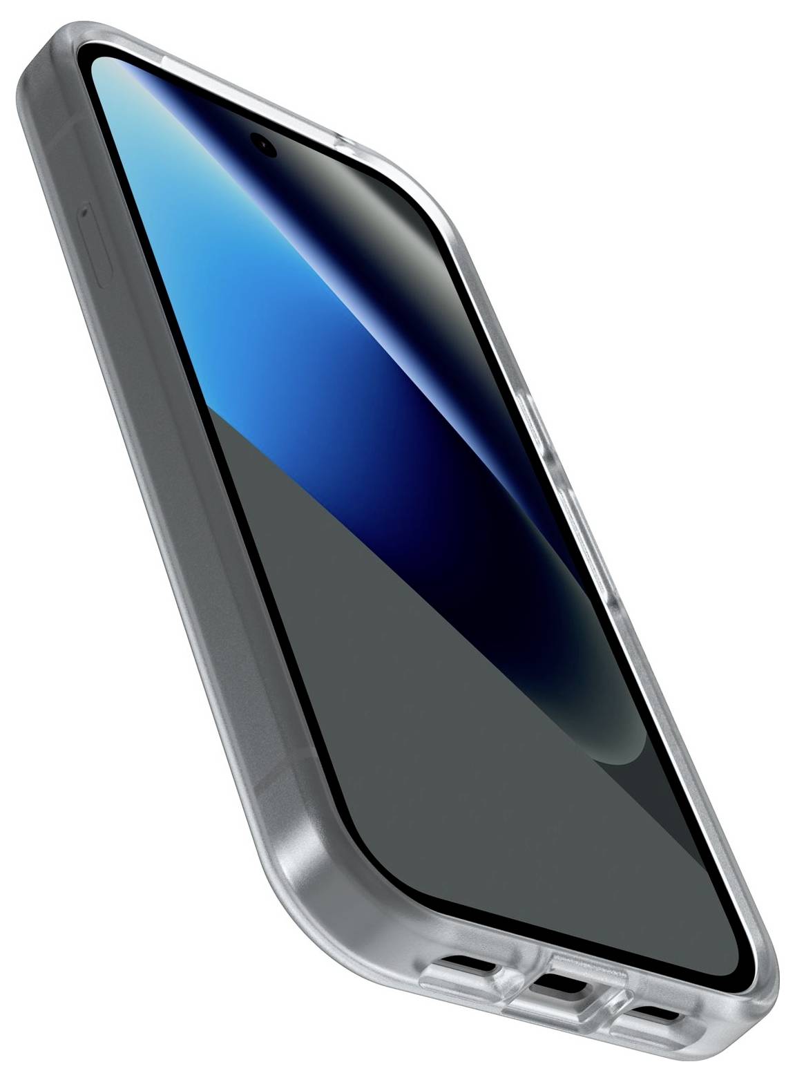 Smartfon z przezroczystą obudową pokazany pod kątem, z niebieskim ekranem gradientowym i widocznym wycięciem aparatu przedniej kamery.