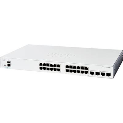 Przełącznik sieciowy Cisco z 24 portami Ethernet i 4 portami połączenia wzrostowego, używany do podłączania urządzeń w sieci.