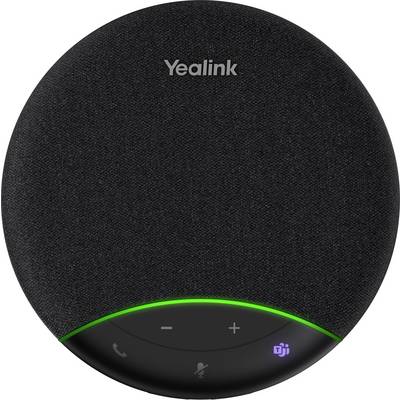 Okrągły głośnikofon Yealink z logiem Microsoft Teams, kontrolkami głośności i ikonami połączeń, z zieloną lampką LED.