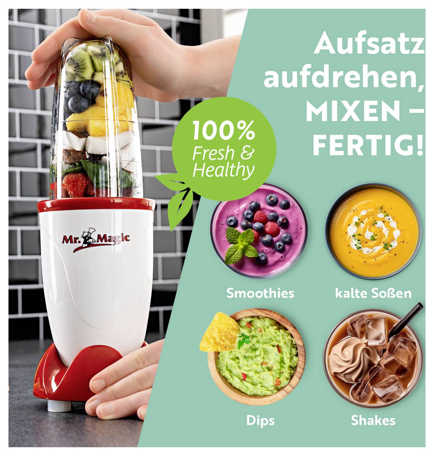 Biały i czerwony blender wypełniony owocami. Tekst: "100% Świeże i Zdrowe". Przykłady tego, co można miksować: koktajle, sosy, dips, shake'i.