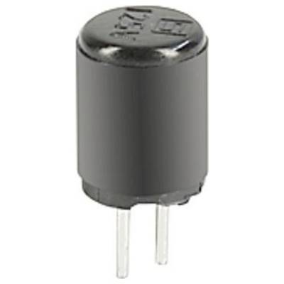 Cylindryczny czarny element elektroniczny z dwoma metalowymi zaczepami na dnie, prawdopodobnie kondensator używany w obwodach elektronicznych.