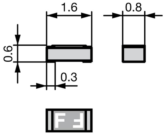 Diagram komponentu elektronicznego oznaczony literą "F" z wymiarami: szerokość 0,8 mm, wysokość 1,6 mm i głębokość 0,6 mm.
