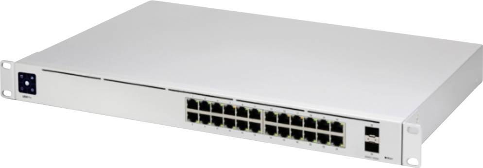 Przełącznik sieciowy z 24 portami Ethernet i dwoma portami światłowodowymi, umieszczony w eleganckim, srebrnym obudowie do montażu na stojaku.