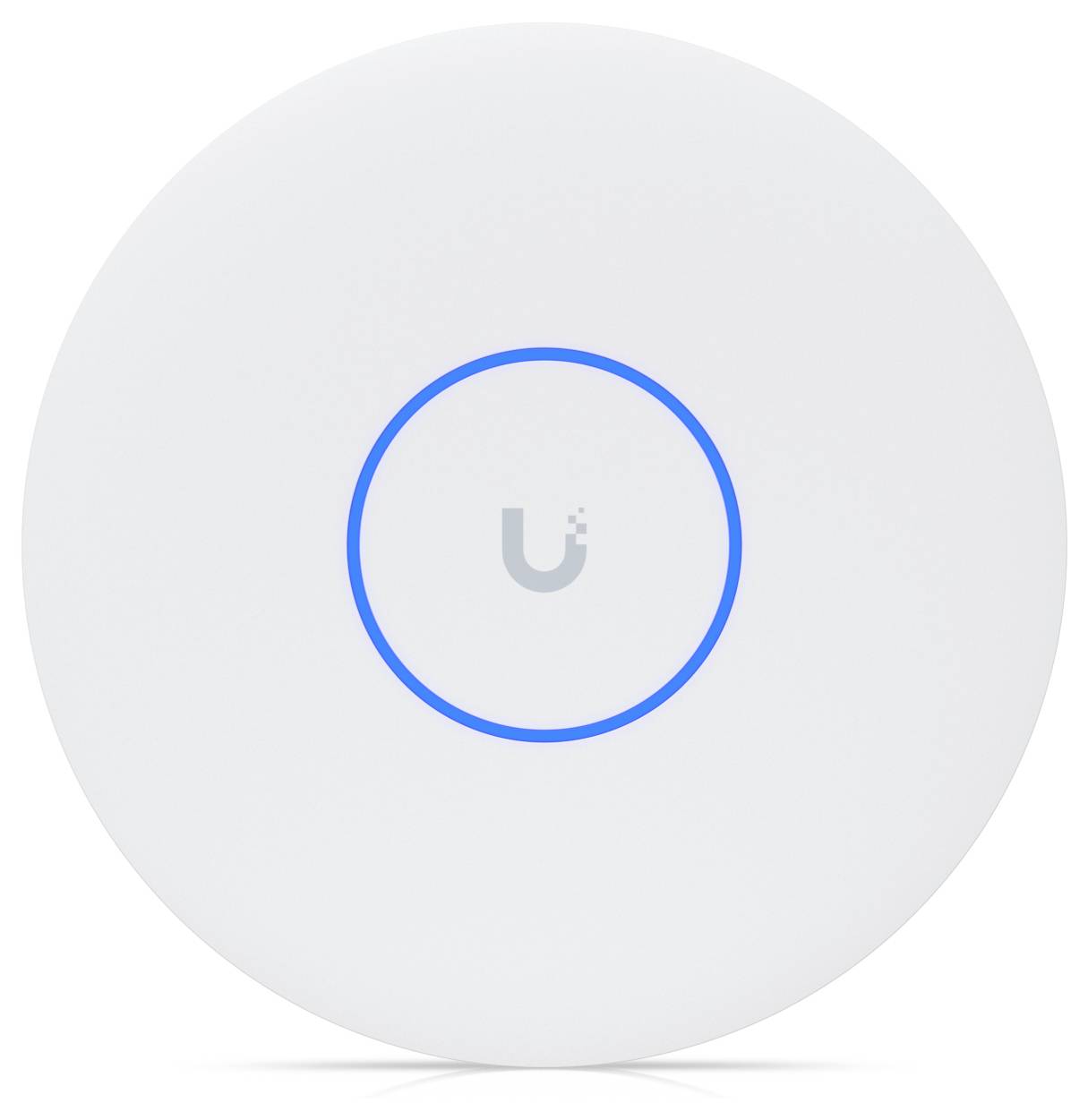 Biały, okrągły punkt dostępu Wi-Fi z niebieskim pierścieniem LED i logo „U" w centrum, wskazujące, że jest to produkt firmy Ubiquiti.
