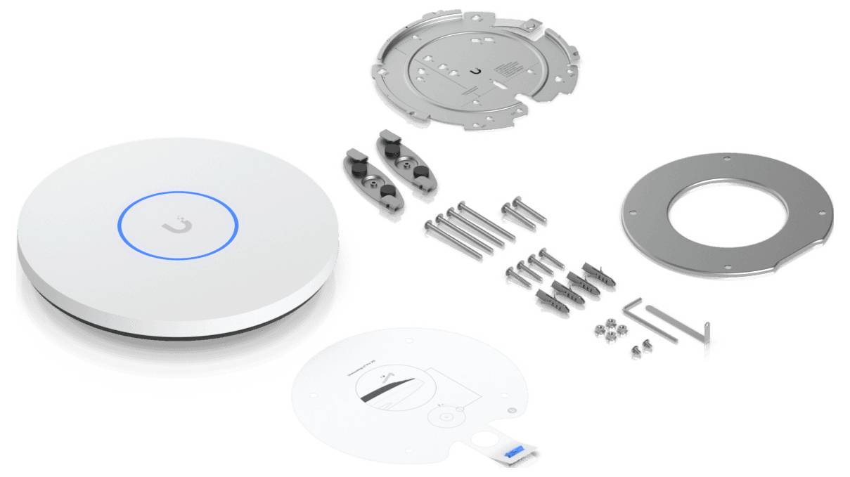 Zawartość obejmuje okrągły bezprzewodowy punkt dostępu, uchwyty montażowe, śruby i szablony instalacyjne, rozmieszczone do montażu.