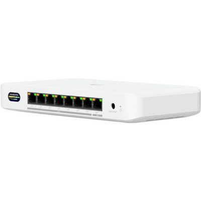 Przełącznik sieciowy koloru białego z ośmioma portami Ethernet jest pokazany. Etykieta z kolorowymi wskaźnikami jest widoczna po lewej stronie.