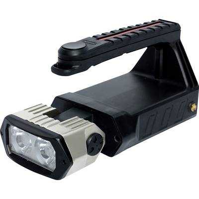 Przenośna ręczna lampa robocza z dwoma przednimi diodami LED i składającym się górnym uchwytem, pokazana na białym tle.