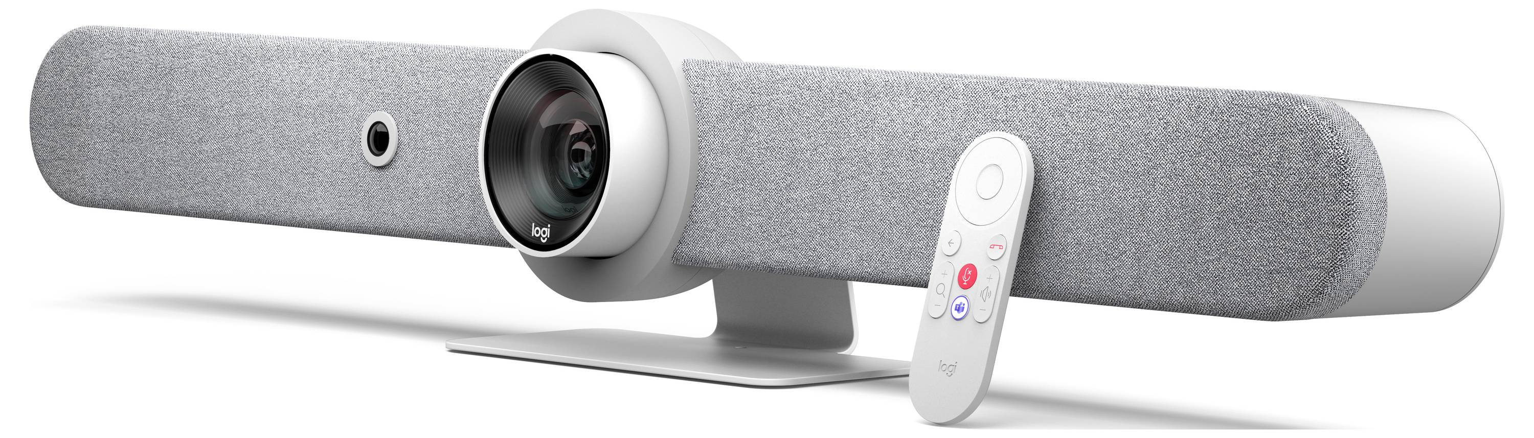 Szara listwa konferencyjna Logitech do wideokonferencji z wbudowaną kamerą i pilotem na białym tle.