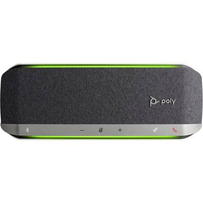 Wielofunkcyjny głośnik konferencyjny Poly z podświetlanym zielonym pierścieniem stanu i sterowaniem dotykowym do funkcji Bluetooth, głośności, wyciszenia i rozmów.