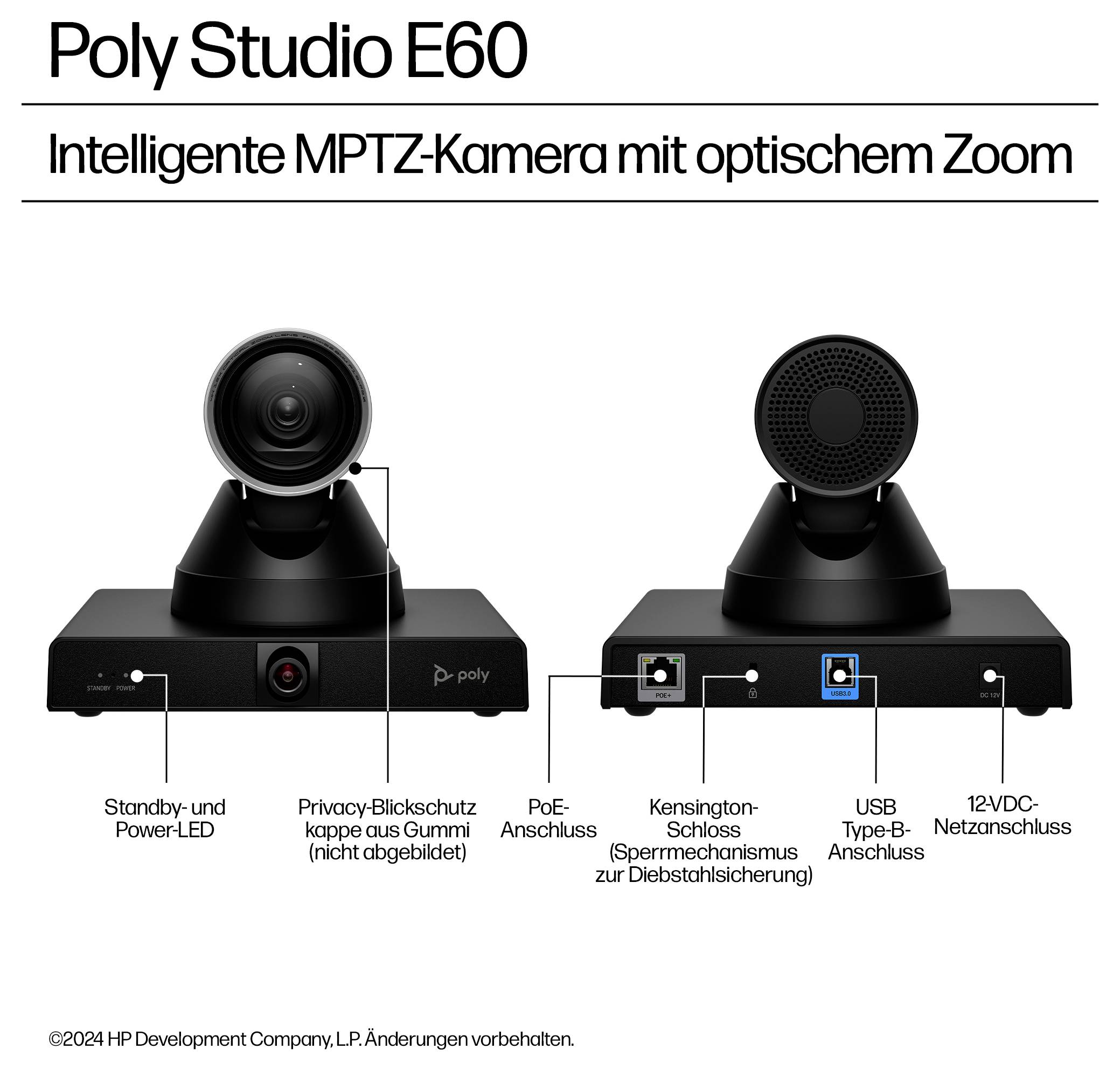 Inteligentna kamera PTZ Poly Studio E60 z zoomem optycznym, prezentująca widoki przedni i tylny z oznaczonymi portami i funkcjami takimi jak osłona prywatności, PoE, USB-C, kłódka Kensington i zasilanie 12V