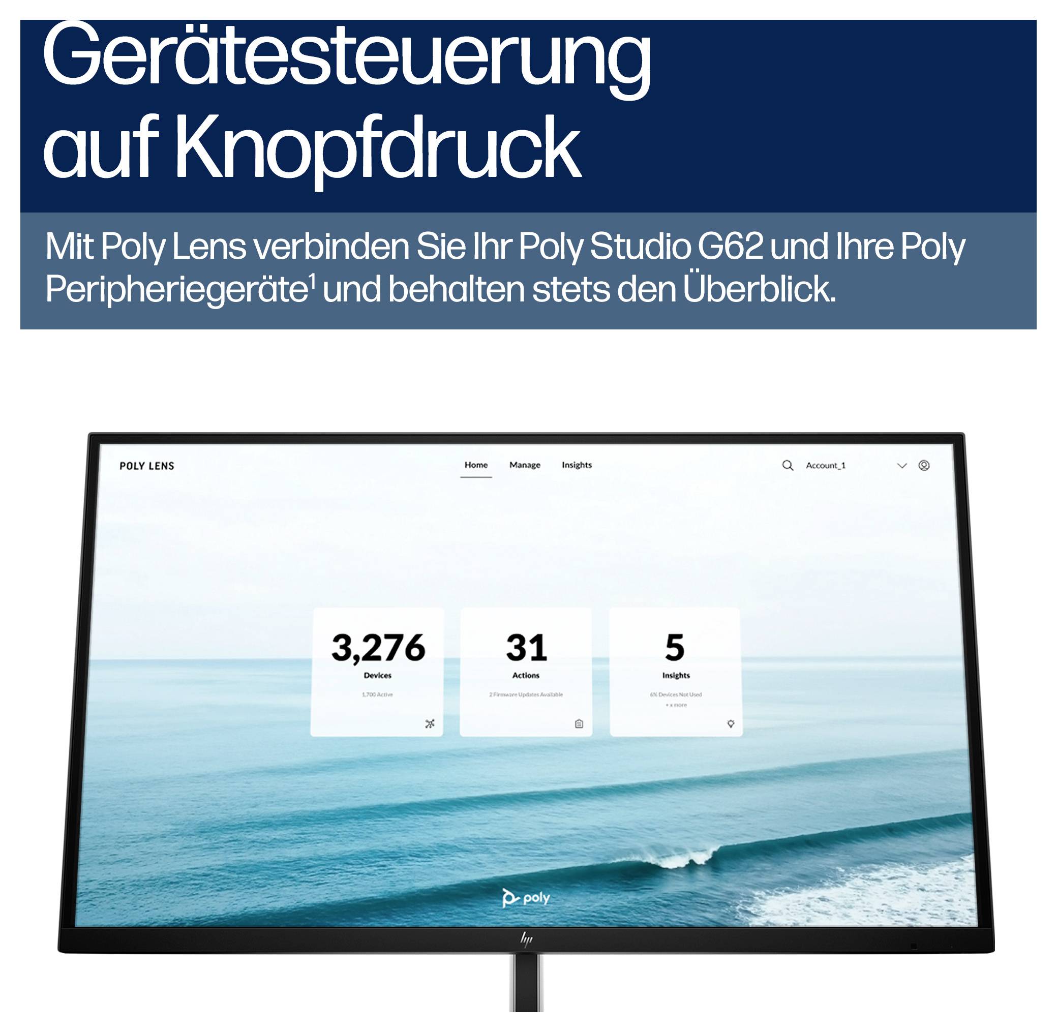 Polska grafika promocyjna dla Poly Lens: 'Sterowanie urządzeniami na dotknięcie przycisku' i monitor wyświetlający panel z urządzeniami, akcjami i spostrzeżeniami.