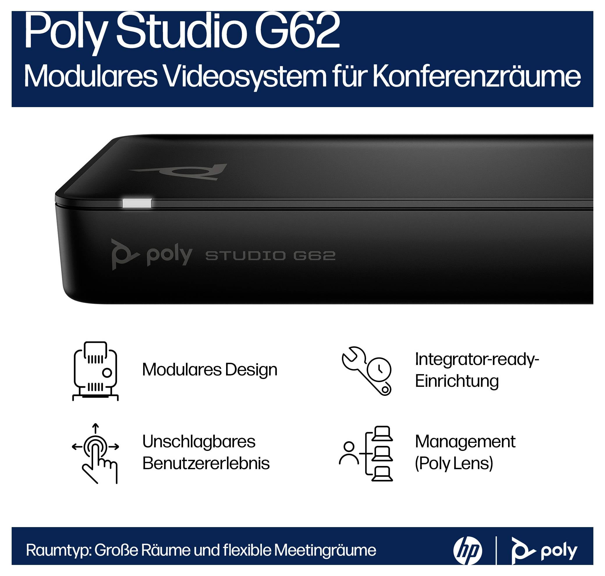 Grafika promocyjna produktu „Poly Studio G62", modułowego systemu wideo dla sal konferencyjnych, pokazująca urządzenie i jego funkcje: modułowy design, łatwa instalacja, niezrównana obsługa użytkownika i zarządzanie poprzez Poly Lens.