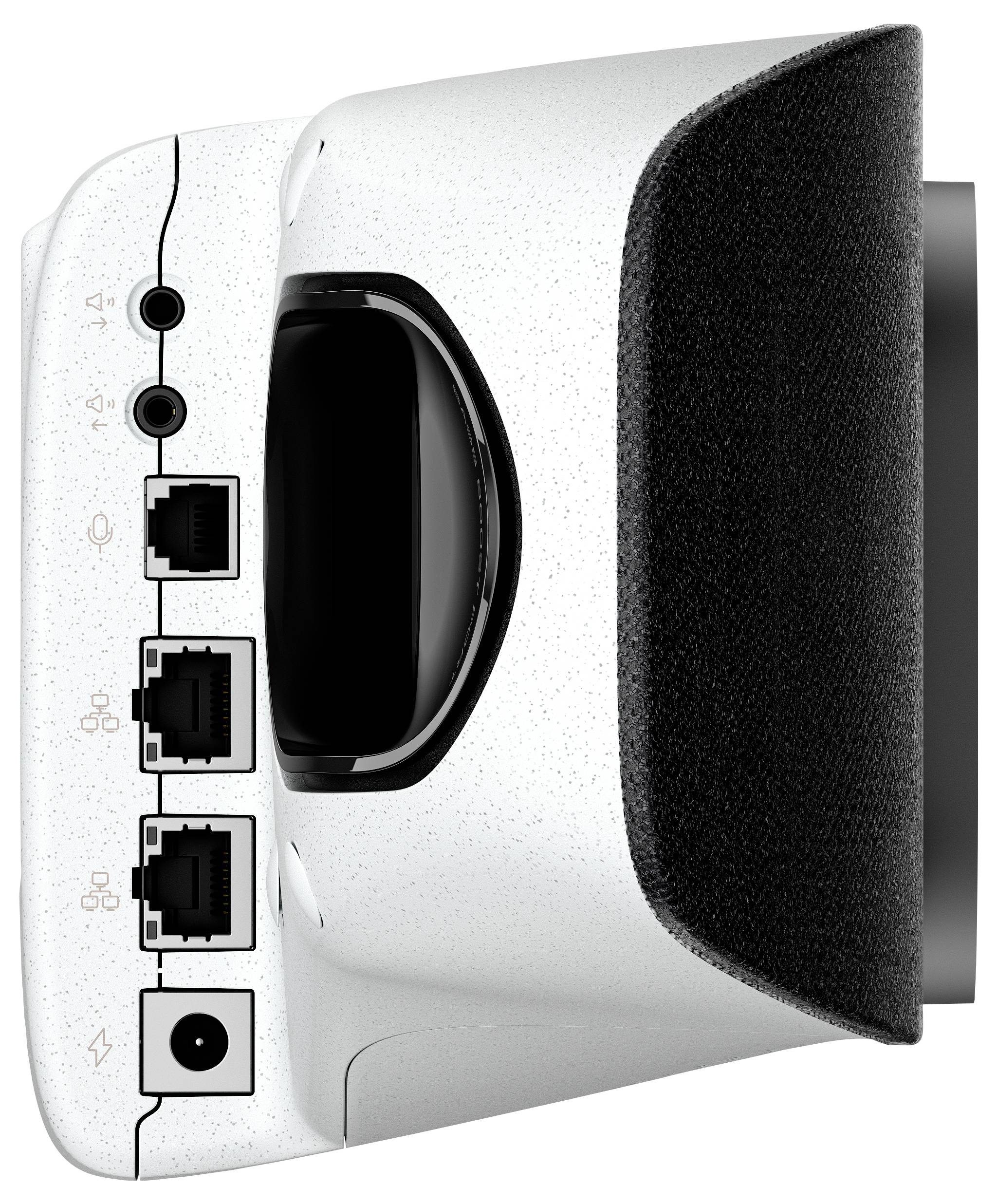 Biały bezprzewodowy router lub modem z czarnym panelem bocznym, dwiema gniazdomami audio, trzema portami Ethernet i wejściem zasilania na przedniej stronie.