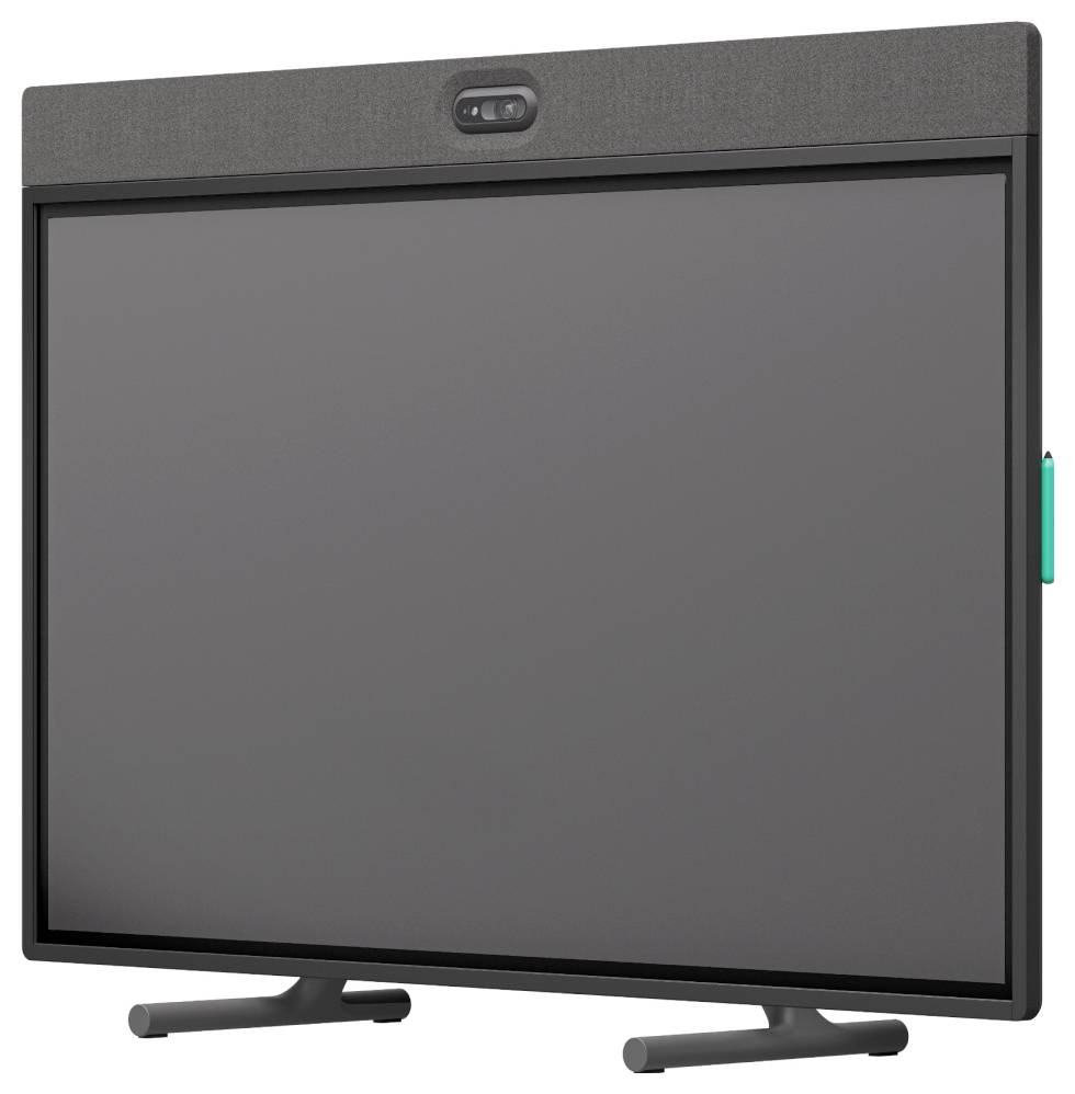 Monitor LCD z wbudowaną kamerą internetową, widok z przodu z pustym szarym ekranem na statywie.