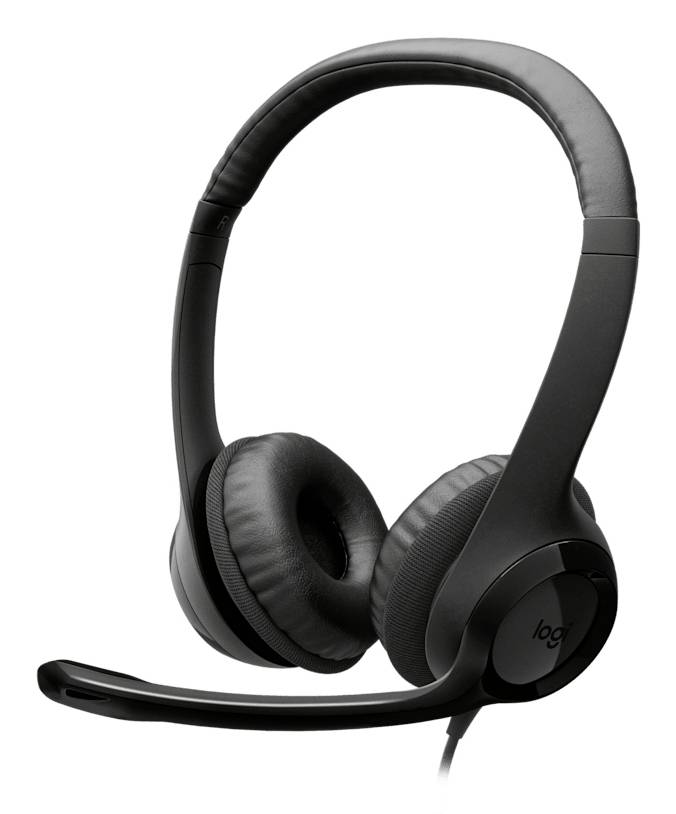 Czarne słuchawki nauszne Logitech z mikrofonem typu boom na białym tle.